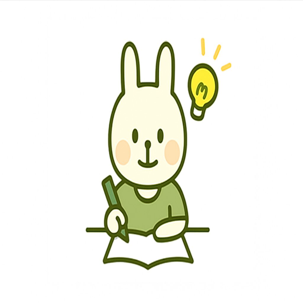 白背景で、緑の服を着たうさぎ（みどりん）が机で勉強しているイラスト。ノートに鉛筆で書き込みながら、頭の上にひらめきを表す黄色い電球が光っている。「学習法」カテゴリーを示すやさしい雰囲気のデザイン。