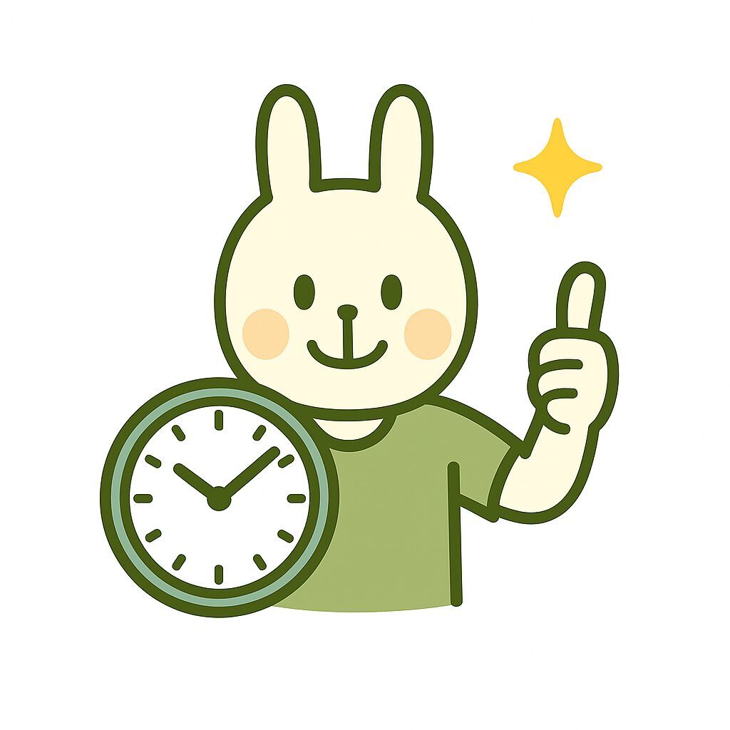 白背景で、緑の服を着たうさぎ（みどりん）が笑顔で時計を持ち、もう一方の手で指を立てているイラスト。時間を上手に管理している様子を表しており、「時間術・生産性」カテゴリーにぴったりの明るく優しい雰囲気のデザイン。