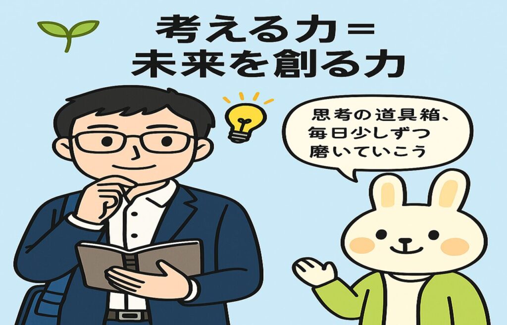 未来の自分として自信を持って前に進むまなぶくんの姿と、それを後ろから応援するみどりん(白衣姿のうさぎ)が描かれたイラスト。背景には『考える力=未来を創る力』というメッセージと、光に包まれた未来の道が広がっている。