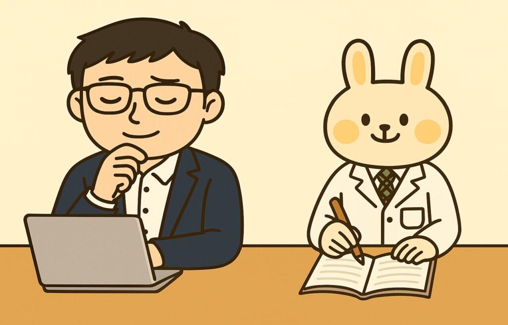 まなぶくんとみどりんが、机を挟んで一緒に思考作業に取り組んでいるイラスト。まなぶんはひらめきを探るように画面を見つめ、みどりんは手元のノートに考えを丁寧にまとめている。「ズラす×整える」の思考法を2人で実践している場面を表現。