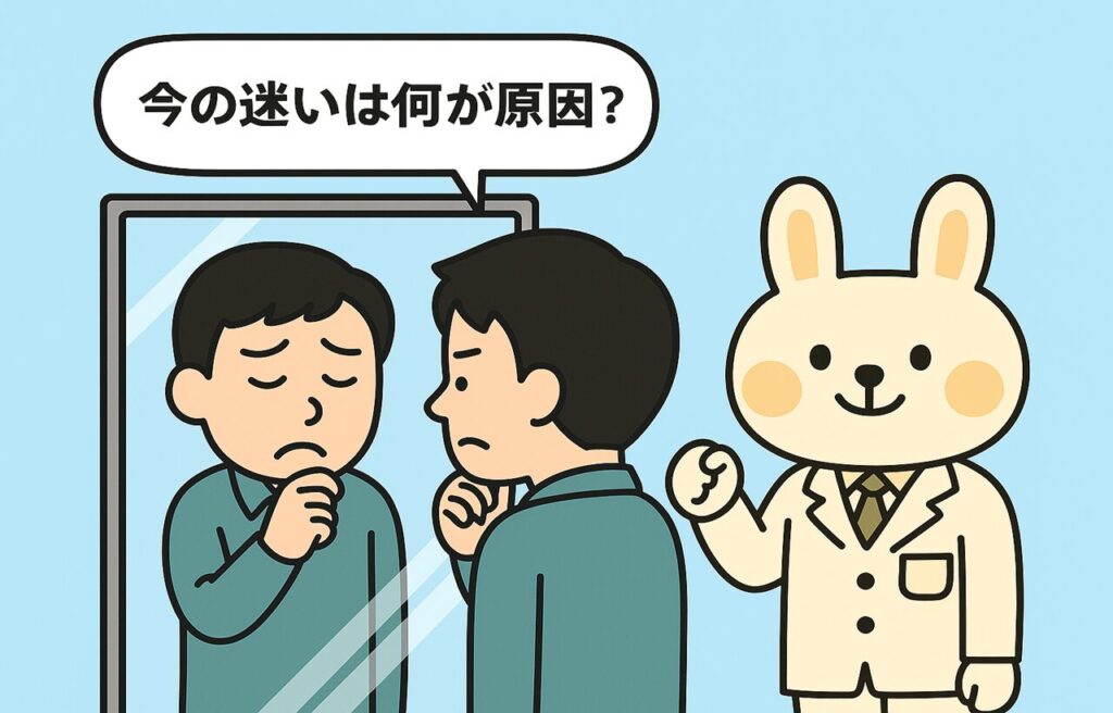 まなぶくんが鏡の前で「今の迷いは何が原因?」と自問して考えている。後ろからみどりんが笑顔で応援しているイラスト。