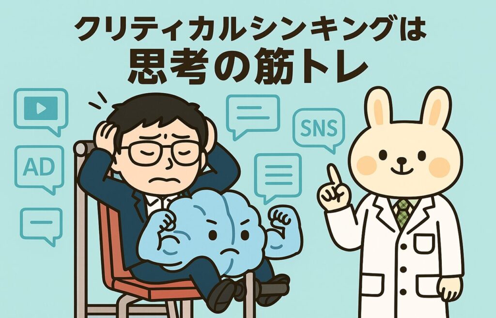 筋トレマシンに座って「思考の筋肉」を鍛えているまなぶん。まなぶんの頭には筋肉がついた脳が描かれ、隣では白衣姿のみどりんが指導しながらアドバイスしている。背景にはトレーニングジム風の明るい雰囲気。