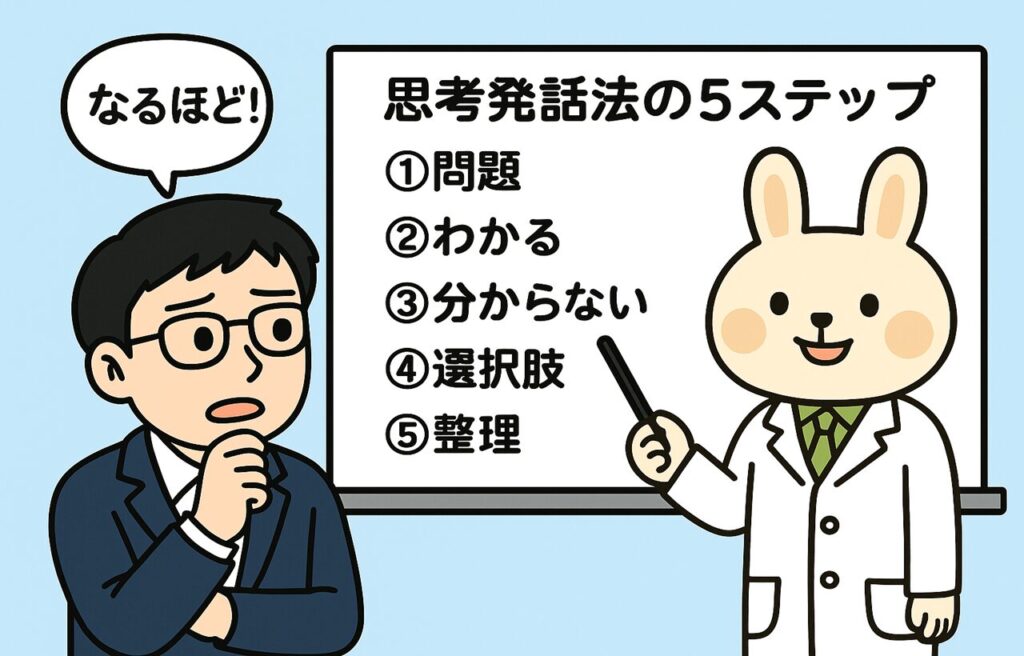 ホワイトボードの前で薬剤師うさぎのみどりんが「思考発話法の5ステップ」を説明している。ホワイトボードには「①問題→②わかる→③分からない→④選択肢→⑤整理」とシンプルに流れが図解されている。右側でまなぶんが「なるほど!」と納得している表情。背景は淡いブルーでスッキリした雰囲気。