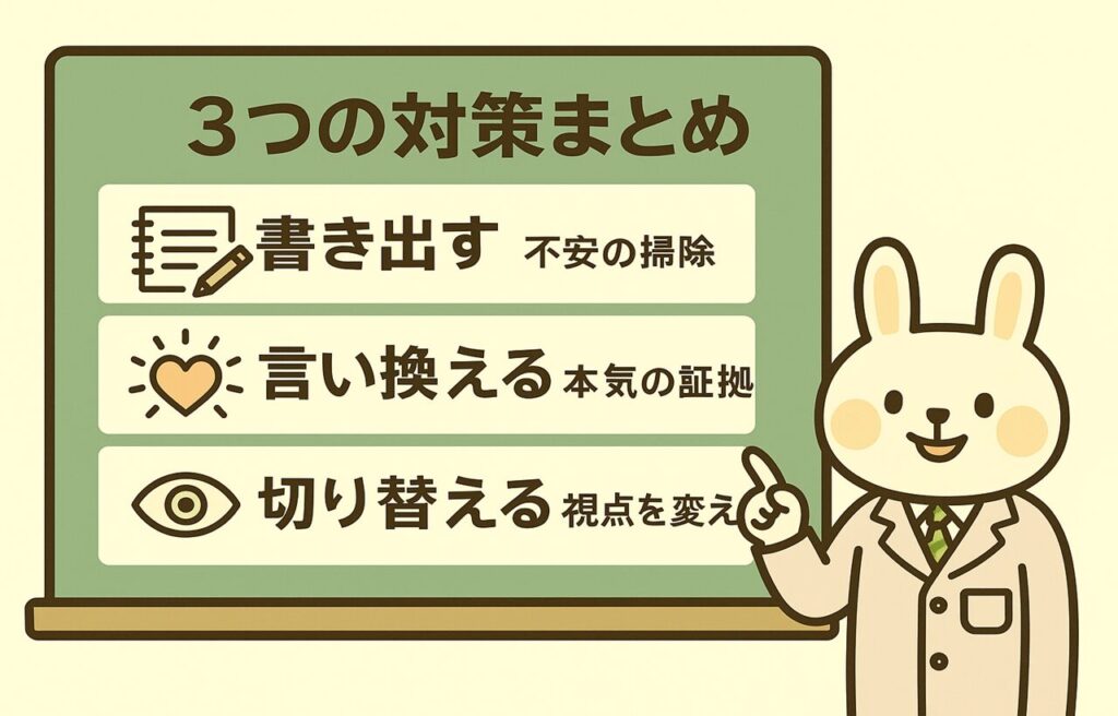 「3つの対策まとめ」と書かれた緑色のボードの前で、白衣姿のみどりんが説明しているイラスト。ボードには「書き出す（不安の掃除）」「言い換える（本気の証拠）」「切り替える（視点を変え）」の3つの対策がアイコン付きで整理されている。