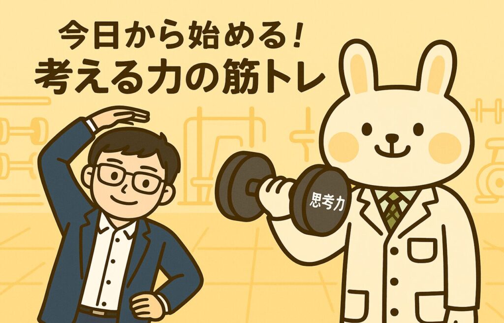 白衣を着たうさぎのキャラクター「みどりん」と、スーツ姿の男性キャラクター「まなぶん」が笑顔でトレーニングを開始しようとしている。まなぶんは「思考力」と書かれたダンベルを持ち上げ、みどりんが応援している様子。背景は明るく、思考力トレーニングの開始をイメージしたポジティブな雰囲気。