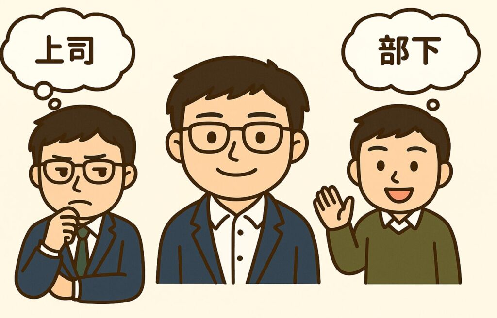 まなぶくんが“逆の立場で考える”トレーニング中のイラスト。自分が上司になったつもりで腕を組んで考える姿と、部下になりきって困った表情をする姿が左右に描かれ、視点を切り替える様子が伝わる構成。