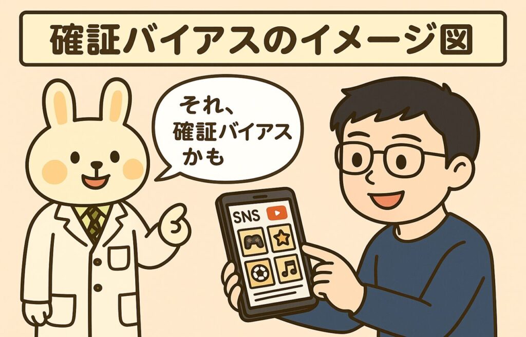 確証バイアスのイメージ図。まなぶくんがSNSやYouTubeで自分に都合の良い情報ばかり見ている様子。右側で薬剤師のみどりんが「それ、確証バイアスかも」とアドバイスしている。情報の偏りと心理バイアスをわかりやすく解説するイラスト。