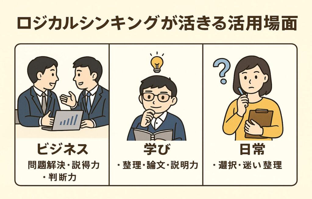 ロジカルシンキング活用例を示す日本語インフォグラフィック。ビジネス(会議の問題解決、プレゼン資料作成、上司や顧客への提案)、学び(複雑な理論の整理、論文執筆、口頭試問での説明)、日常生活(進路選択、家計管理、人間関係の整理)で役立つ論理的思考の具体的活用場面をイラストで紹介。初心者向けロジカルシンキングの実践活用法が一目でわかる図解。