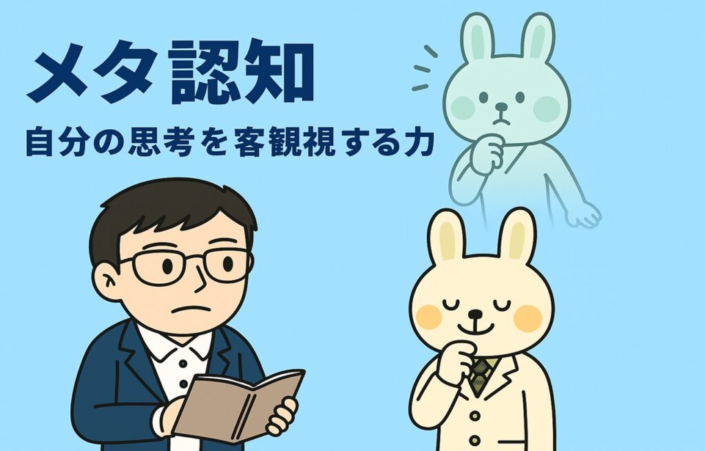 メタ認知をテーマにしたイラスト。青い背景の前に、考え込む表情のまなぶくんと、説明する白衣姿のみどりんが並び、上部には「メタ認知 自分の思考を客観視する力」とタイトルが描かれている。背景には自分自身を見つめる幽体離脱風のみどりんの姿も描かれ、メタ認知のイメージをわかりやすく表現している。