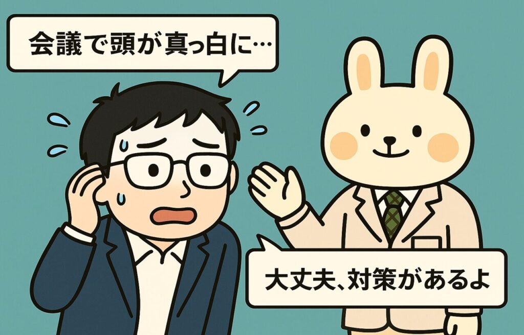 会議直前に緊張して頭を抱えるスーツ姿のまなぶくんと、それを励ますように「大丈夫、対策があるよ」と微笑みながら声をかける白衣姿のみどりん。背景はシンプルな青緑色。