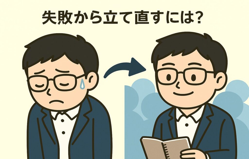 「失敗から立て直すには？」というタイトルの2コマ構成イラスト。左側ではうつむいて落ち込むまなぶくんが描かれ、右側では視線を上げて会場を見渡しながら笑顔で立ち直っている様子が描かれている。2つの場面の間には気持ちの切り替えを示す青い矢印がある。