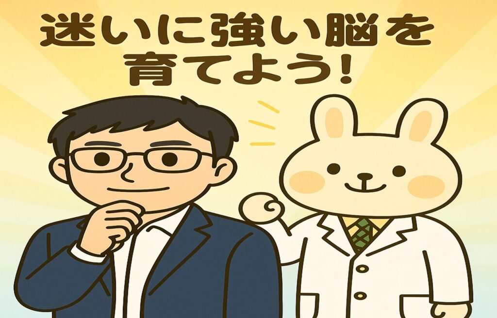 思考発話法のトレーニングで成長したまなぶんが、自信に満ちた笑顔で前を向いて立っている。隣では薬剤師うさぎのみどりんが優しく微笑みながら応援している。背景は希望感のある明るい色調で、前向きな未来をイメージさせる構図。