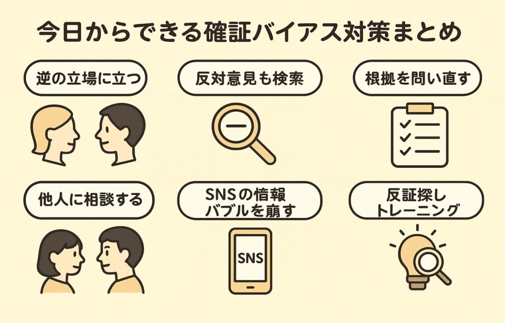「確証バイアス対策6つの方法」図解。1.逆の立場を想定、2.反対意見も検索、3.根拠を再確認、4.第三者に相談、5.SNSの情報バブル回避、6.反証トレーニング実践。認知バイアス・確証バイアスの克服法をわかりやすいイラストとキーワードで解説。思考の偏り修正、情報リテラシー、フェイクニュース対策、SNSでの誤情報防止、心理学的アプローチまとめ。