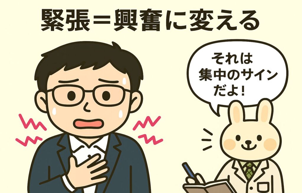 「緊張＝興奮に変える」というタイトルのもと、胸に手を当てて不安そうな表情を浮かべるまなぶくんと、「それは集中のサインだよ！」とノートを手にやさしく声をかける白衣姿のみどりんが描かれている。