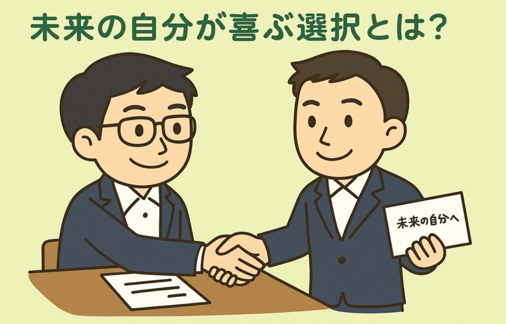 「未来の自分が喜ぶ選択とは?」というタイトルのイラスト。左側には、ノートにペンを走らせている“現在のまなぶくん”が笑顔で描かれており、右側にはスーツ姿の“未来のまなぶくん”が現れ、握手を交わしている。“未来の自分へ”と書かれた手紙を持っている様子が印象的で、「未来視点での選択」の大切さを伝えている。