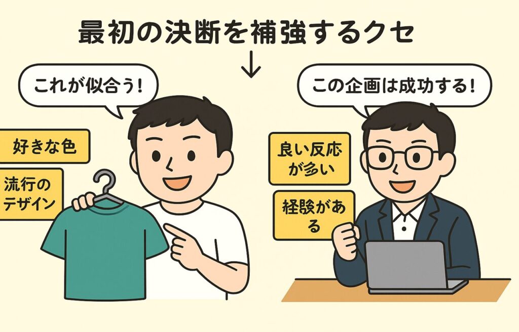 サンプリングバイアスの具体例:服選びと企画判断の心理図解|確証バイアス・意思決定の偏りを解説
男性が服を選ぶ場面で「これが似合う!」と主張し、好ましい理由(好きな色・流行のデザイン)を挙げている。隣ではビジネスマンが企画提案時に「この企画は成功する!」と良い反応や経験を根拠にしている様子。中央に「最初の決断を補強するクセ」という矢印付きキャプション。確証バイアスやサンプリングバイアスが働く意思決定の偏りをわかりやすく図解。