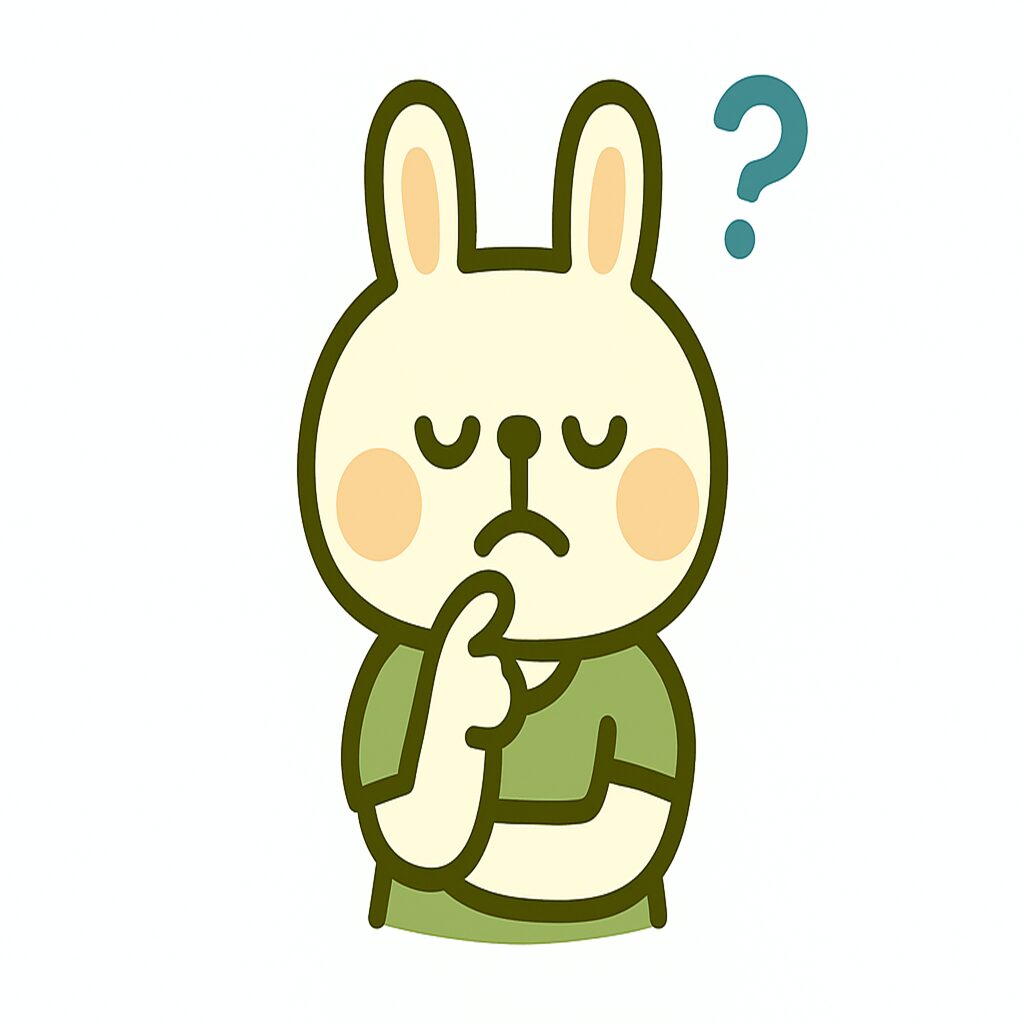 思考中の表情のみどりん（白衣を着たうさぎのキャラクター）が顎に手を当て、考え事をしているイラスト。背景はシンプルな淡い色でカテゴリ「思考法」を表現
