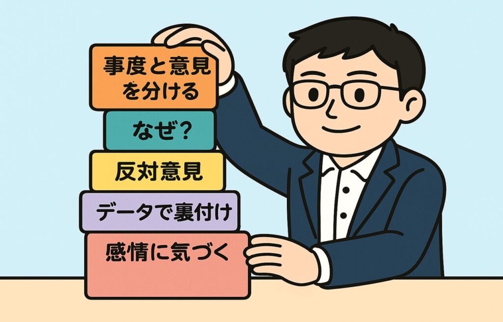 積み上げた積み木の上で考えている男性キャラクターのイラスト。積み木には「事実と意見を分ける」「なぜ？を繰り返す」「反対意見も探す」「データで裏付ける」「感情に気づく」などの思考習慣の項目が順番に書かれており、思考力の積み重ねを表現している。