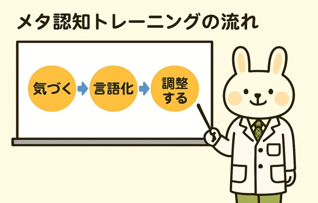 みどりん(白衣を着た薬剤師うさぎ)がホワイトボードの前で「メタ認知トレーニングの流れ」を説明している。ホワイトボードには「①気づく → ②言語化 → ③調整する」と矢印で順に書かれ、シンプルにプロセスが図解されている。全体は横長の図解構成。