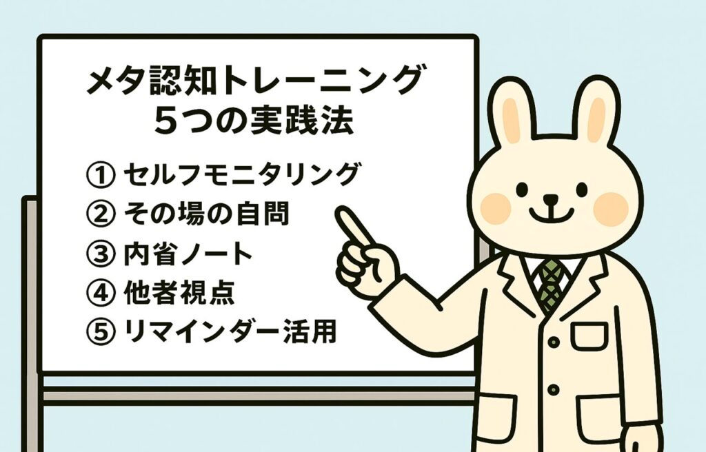 ホワイトボードの前で薬剤師うさぎのみどりんが「5つのメタ認知トレーニング法」を説明しているイラスト。ホワイトボードには「①セルフモニタリング、②その場の自問、③内省ノート、④他者視点、⑤リマインダー」とまとめられている。