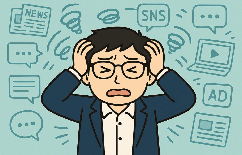 SNS、ニュース、動画、チャット、広告などのアイコンが背景に散らばり、情報があふれている様子を表現。前景では、まなぶんが悩んだ表情で頭を抱えている。