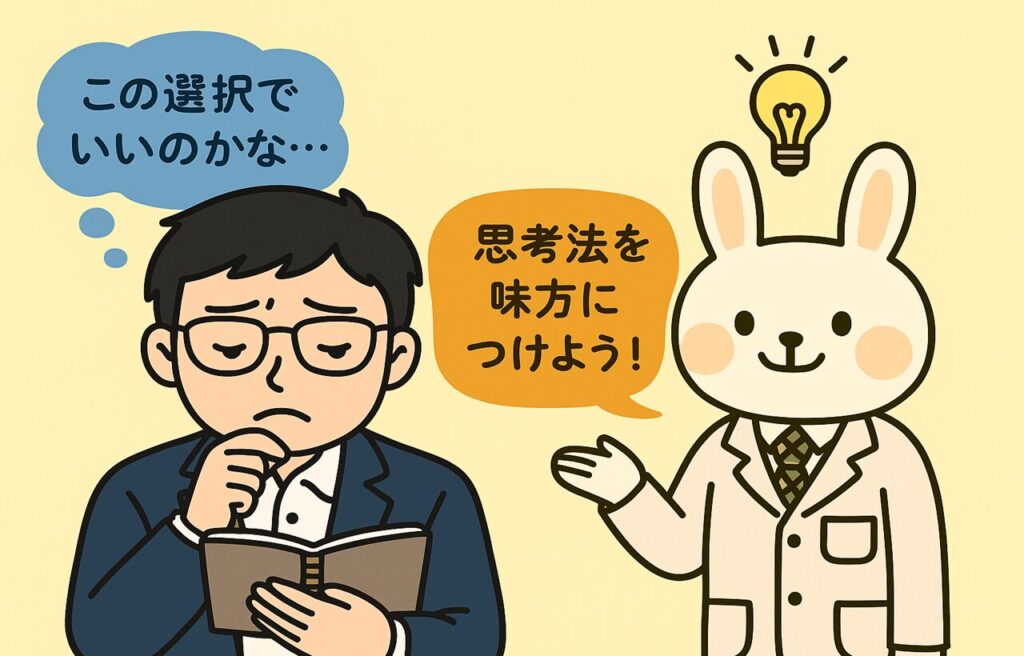 白衣姿のみどりん(うさぎ)と、ノートを手に考えるまなぶくん(男性)が並んで立っているイラスト。背景は思考を表すアイコンが浮かぶ青空で、2人は柔らかい表情で読者に語りかけている。