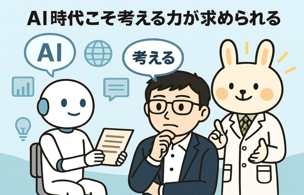 人型ロボット(AI)が大量の情報アイコンを手渡し、人間(まなぶん)がそれを受け取りながら冷静に考えている様子。背景にはみどりんも横で優しくサポートしており、「AIは情報を提供し、人が考えて判断する」関係を表現している。