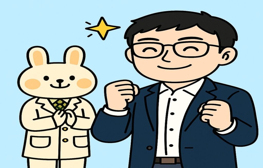 メタ認知トレーニングを続けて成長したまなぶんが、自信に満ちた表情で前を向いて立っており、後ろでみどりん(薬剤師うさぎ)が笑顔で応援している。ポジティブな未来を象徴する明るい背景のイラスト