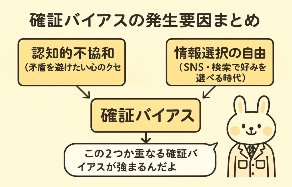 確証バイアスとは何かをわかりやすく解説する図解イラスト。中央に「確証バイアス」、原因として「認知的不協和(矛盾を避けたい心理)」と「情報を選べる環境(SNS・検索)」を左右に配置。人がなぜ偏った情報を集めやすくなるのか、心理学的メカニズムを視覚的に整理。確証バイアスの仕組み、サンプリングバイアス、思考の偏り、判断ミスの原因を知りたい人向けの説明画像。