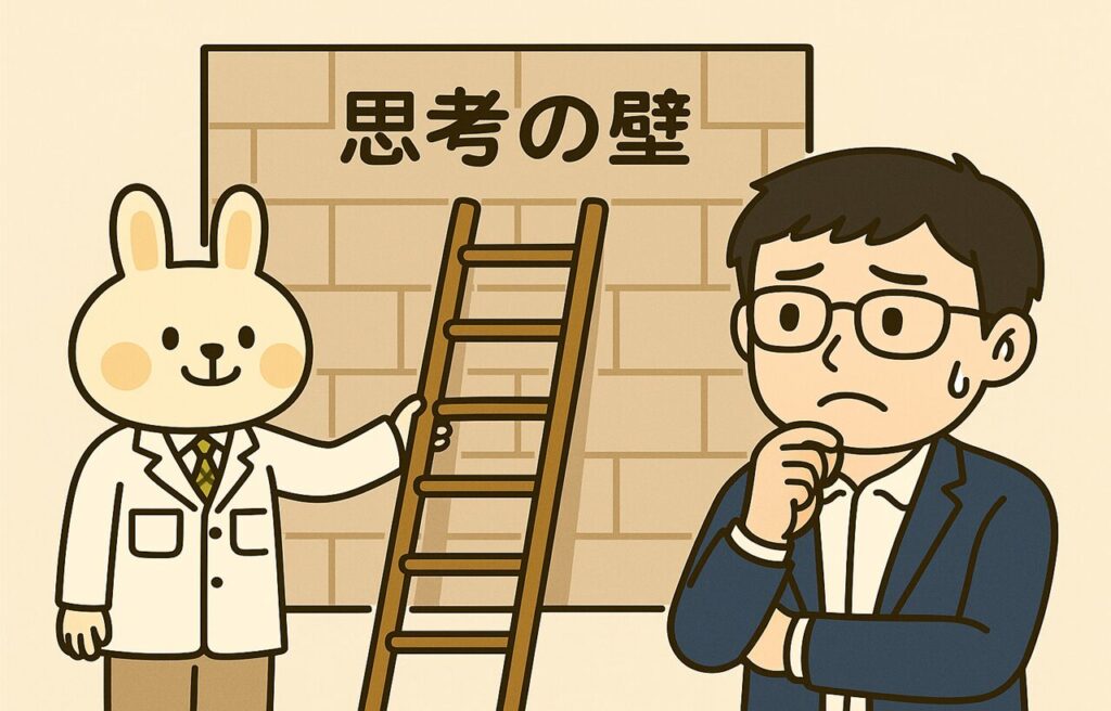 思考の壁にぶつかるまなぶんと、それをサポートするみどりんのイラスト。まなぶんは大きな壁の前で困惑した表情を浮かべ、みどりんが梯子をかけて乗り越えられるように手助けしている。『思考の壁を乗り越える』をイメージした図。