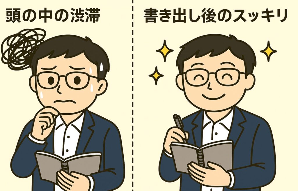 「頭の中の渋滞 vs 書き出し後のスッキリ」を比較した2コマのイラスト。左側では不安そうな表情のまなぶくんが思考のぐるぐるマークを浮かべている。右側ではノートに書き出しながら笑顔になっている様子が描かれている。