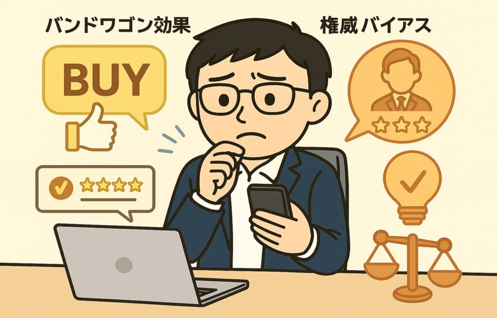若い男性(まなぶん)がオンラインショッピングの画面を見て悩んでいるイラスト。画面上には「高評価レビュー多数」「みんなが購入中!」といった吹き出しが表示され、レビュー評価や人気情報に流されて迷っている様子が描かれている。背景には「バンドワゴン効果」「権威バイアス」など認知バイアスの要素がアイコン風に配置されている。