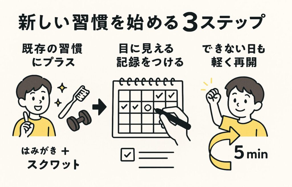 3ステップ習慣化フローを示すイラスト。左から順に“既存の習慣にプラスする”、“習慣の記録をカレンダーに書き込む手元”、“失敗しても再開しやすいゆるい仕組み”がイラスト化されており、読者が行動を始めやすく感じられる構成になっている。