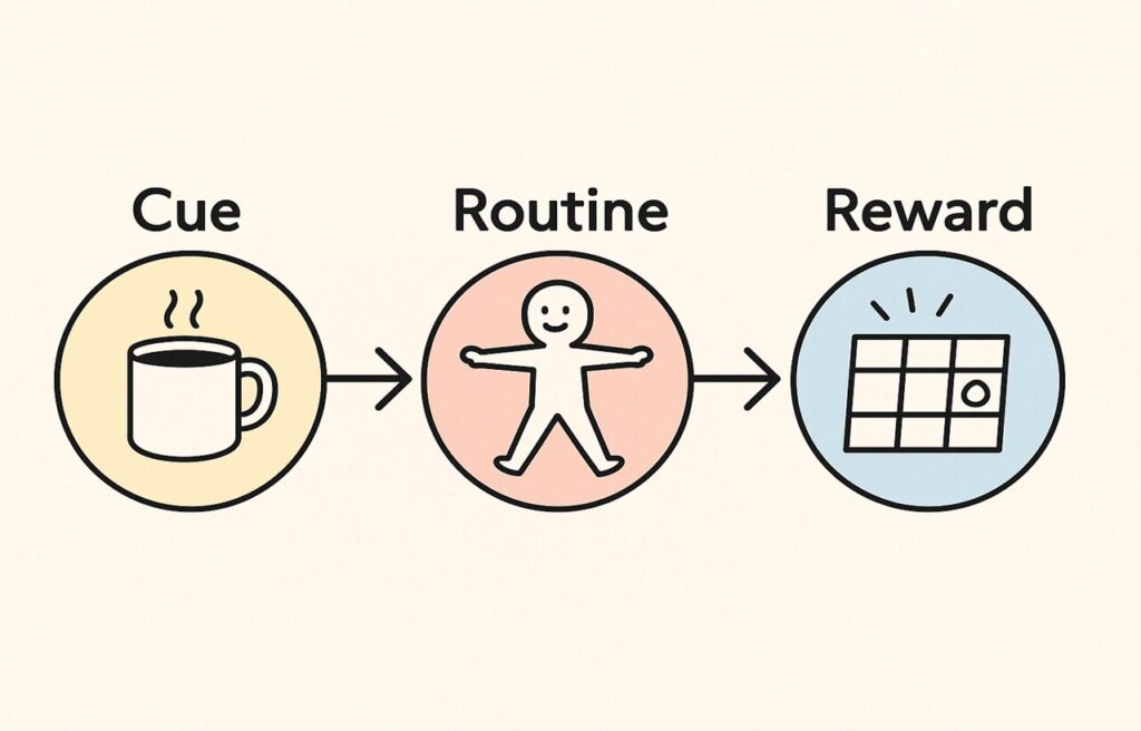 「Cue(きっかけ)→Routine(行動)→Reward(報酬)」の流れを示す習慣ループのフロー図。
矢印でつながれた3つの要素が並び、例として「朝のコーヒー(きっかけ)」→「ストレッチ(行動)」→「スッキリ感・チェック表に○(報酬)」が補足されている。
習慣化のプロセスを視覚的にわかりやすく伝える図解。