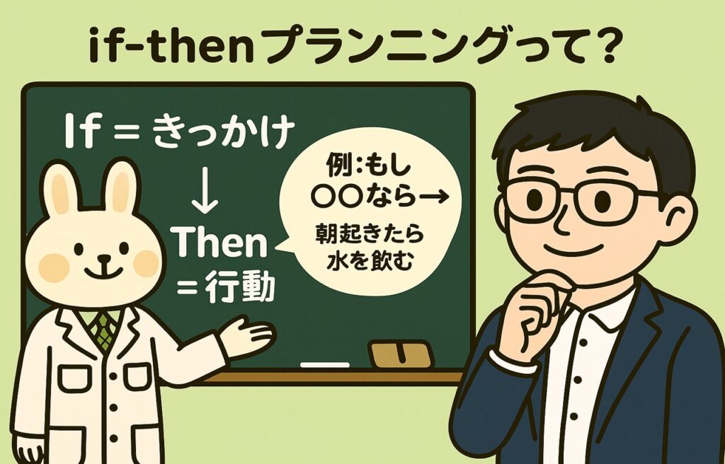 「if-thenプランニングとは?」を解説するイラスト。みどりんが黒板の前で、「If=きっかけ」「Then=行動」という図を指し示している。黒板の横には『もし朝起きたら → 水を飲む』などの例が吹き出しで表示されており、まなぶんが納得した様子でうなずいている。背景は教室風で、全体的に前向きでやる気が感じられる雰囲気。