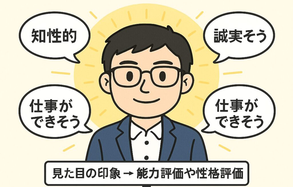 まなぶくんの上に「印象①（見た目が整っている）」という吹き出し。そこから右方向に向かって、矢印とともに「評価②（頭が良さそう）」「評価③（性格もよさそう）」「総合評価（全体的に信頼できそう）」と連鎖的に印象が広がっていく様子が描かれている。背景には淡いブルーの光輪が広がり、“印象の光”が他の評価まで照らしてしまうことを視覚的に示している。