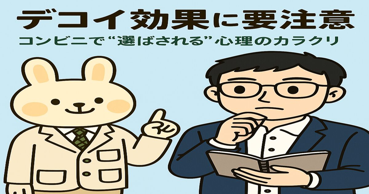 「デコイ効果に要注意｜コンビニで“選ばされる”心理のカラクリ」というタイトルが表示された横長のアイキャッチ画像。左には白衣を着たうさぎキャラクター「みどりん」、右にはメガネをかけてノートを手にする男性キャラクター「まなぶくん」が登場し、思案するような表情で並んでいる。背景は淡いグリーンとブルーで、ポップで親しみやすい雰囲気。