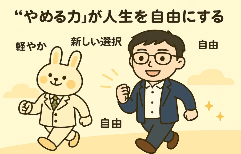 晴れやかな表情のみどりん(白衣を着たウサギ)とまなぶくん(スーツ姿の男性)が、前向きに歩いている。背景には「軽やか」「新しい選択」「自由」といった前向きな言葉がふきだし風に描かれており、明るい未来への希望を象徴している。