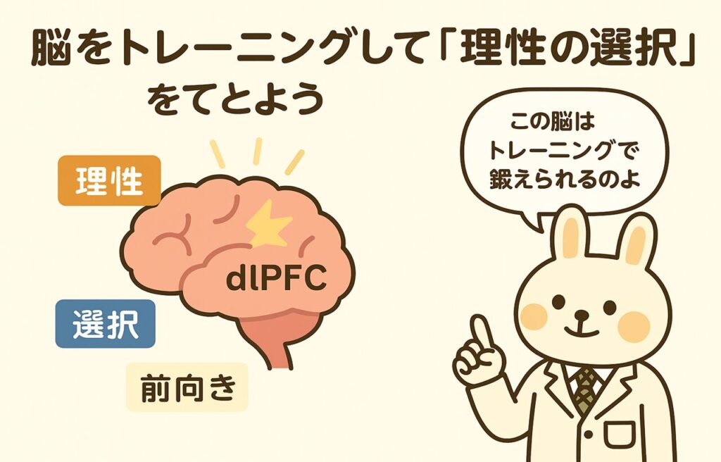 「脳をトレーニングして“理性の選択”を育てよう」というタイトルのイラスト。
白衣姿のみどりんが「この脳はトレーニングで鍛えられるのよ」と話しており、背景には“理性”や“選択”、“前向き”といったキーワードとともに、**dlPFC(背外側前頭前野)**の部位が光って強調されている脳のイラストが描かれている。まなぶくんが納得した様子でそれを見ている。