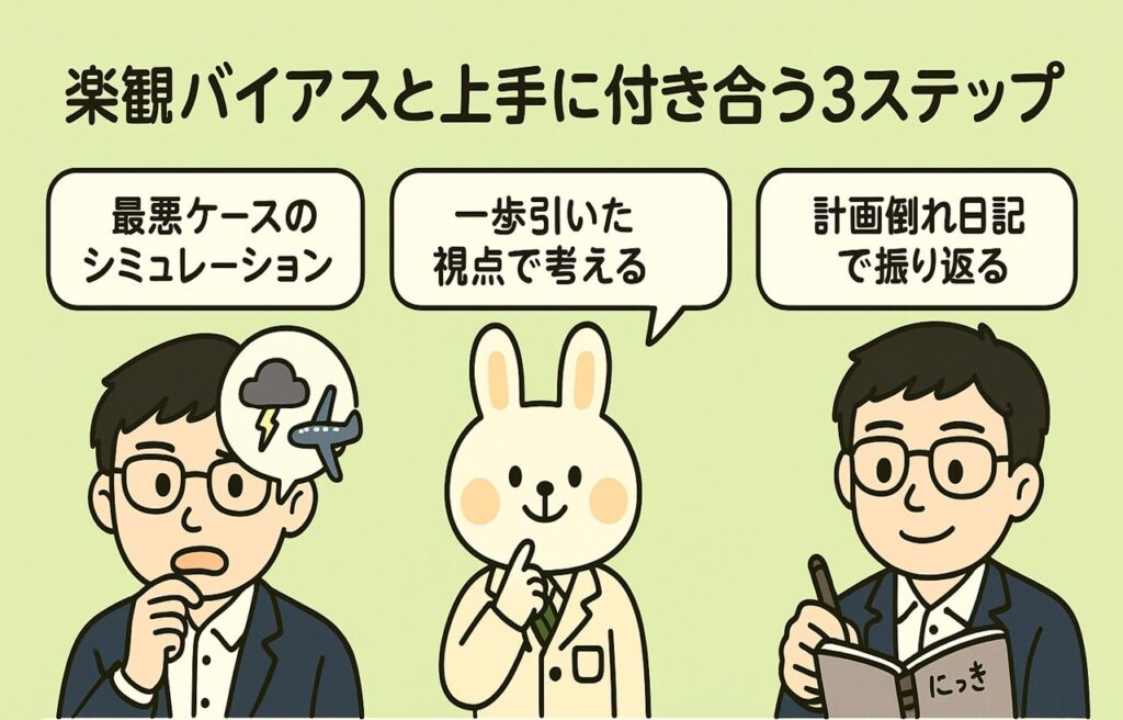 「楽観バイアスと上手に付き合う3ステップ」を紹介するチェックリスト風のイラスト。
左から順に、

災害や失敗などの“最悪ケース”を事前にイメージする人物

俯瞰的に物事を見つめ直している人（上から全体を見ているような構図）

日記に反省を書き込む人物（「今日もまた先延ばし…」などの記録）
それぞれにみどりんがアドバイスする吹き出しが付き、行動を促す内容になっている。