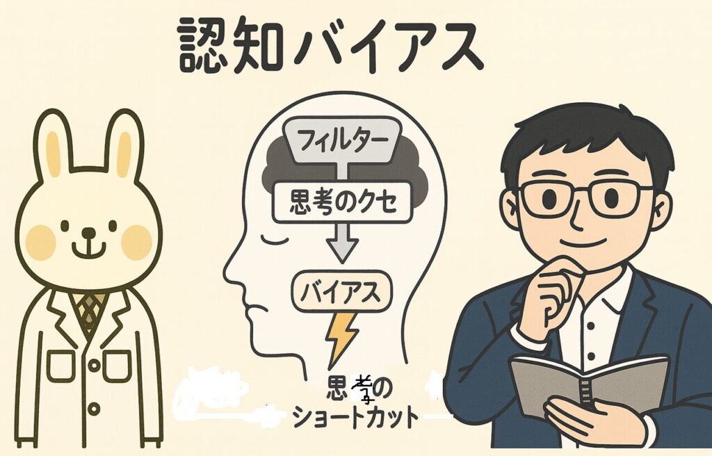 認知バイアスの仕組みを説明する図。左側に“情報”と書かれた矢印があり、頭部のイラストの中には『フィルター』『思考のクセ』『バイアス』の順に要素が重なっている。バイアスの下に雷のマークがある。みどりんとまなぶくんが登場し、図を見ながら解説・理解している様子。