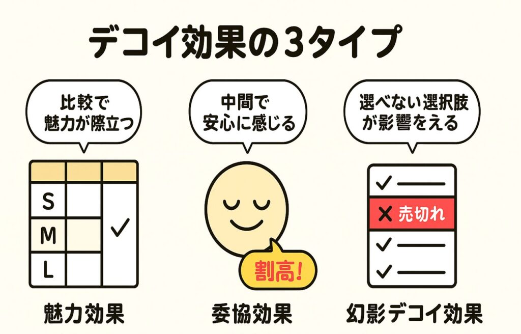 横長の日本語インフォグラフィック。「デコイ効果の3タイプ」というタイトルのもと、3つの効果を図解している。
左から順に：

魅力効果（Attraction Effect）：
　2つの選択肢（AとB）に対して、明らかに劣るCが追加される図。CはBに近く、Bの魅力が際立つように見える。Bに「魅力が増す！」と吹き出しあり。

妥協効果（Compromise Effect）：
　安いA、高いC、その中間に位置するBが並ぶ図。Bに「ちょうどよさそう」と吹き出しがついており、“真ん中”の安心感を表現。

幻影デコイ効果（Phantom Decoy Effect）：
　3つの選択肢のうち、1つ（C）に「売り切れ」マークがついている。残る選択肢のうち、Cに近いBが選ばれやすくなる構造。Bに「これが一番近いかも」とコメント。

全体として、消費者の選択がどのように“おとり”によって誘導されるかを視覚的に示した内容。
