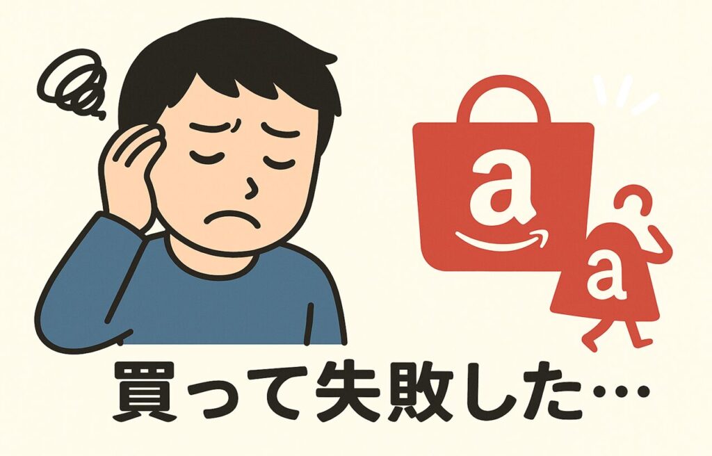 買い物後に後悔している様子のまなぶくんが、両手で頭を抱えて落ち込んでいるイラスト。背景には「SALE」の文字や消費を連想させるアイコンが浮かび、衝動買いへの後悔やストレスを視覚的に表現している。
