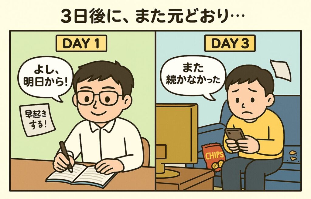 三日坊主の失敗を描いた2コマ構成のイラスト。左側では、まなぶくんがやる気いっぱいに予定をノートに書き込んでいる様子。右側では、ソファでスマホに没頭し、周囲にはお菓子の袋やテレビ、ゲーム機が散らばっており、落ち込む姿。背景には“やろうとしたこと”と書かれた貼り紙がはがれ落ちている。