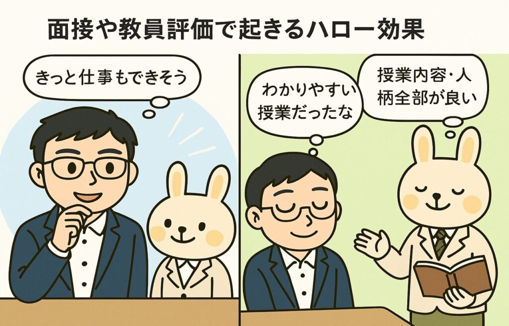 面接官が候補者を見て「感じがいいな」と思い、その印象から「仕事もできそう」と評価しているシーンと、学生が「授業がわかりやすい」と感じた先生に対し、「人柄も良さそう」と高く評価しているシーンを描いた2コマのイラスト。ハロー効果が教育や職場評価に及ぼす影響を示している。