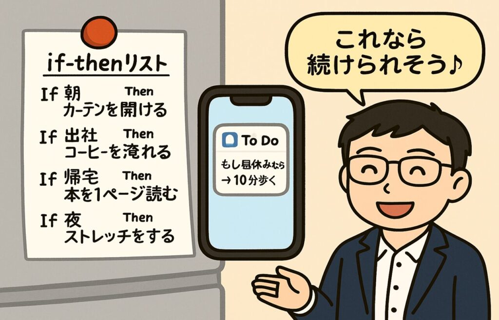 スマートフォン画面に「もし昼休みなら→10分歩く」のToDo通知が表示されており、冷蔵庫には手書き風のif-thenリストが貼られている。まなぶんが「これなら続けられそう♪」と笑顔でコメントしている、現代的な習慣づけツールを紹介するイラスト。