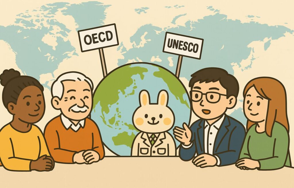 多様な人々が円になって未来について話し合っている様子を描いたイラスト。背景には地球が描かれ、OECDやUNESCOの旗やシンボルが掲げられている。年齢・性別・国籍の異なる人物たちが集まり、グローバルな視点で協働している雰囲気を表現。