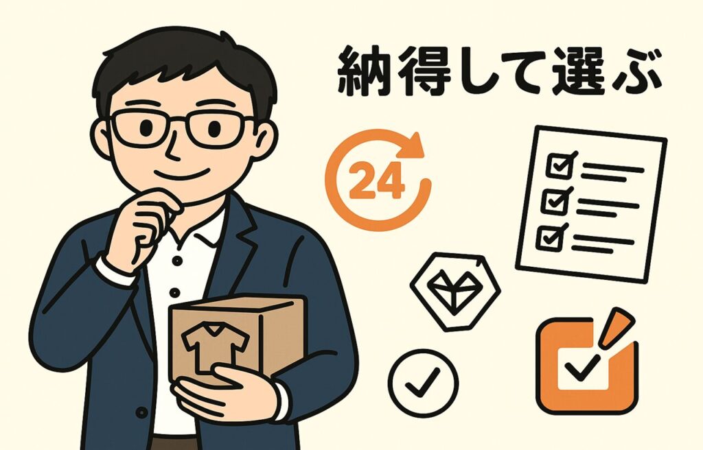 「買わない理由リスト」を見ながら、冷静に買い物の判断をしている若い男性のイラスト。明るい雰囲気で、納得した表情を浮かべながら商品を選んでいる様子が描かれている。背景には「24時間ルール」などのチェックポイントが示されており、衝動買いを防ぐ思考の整理が伝わる構成。