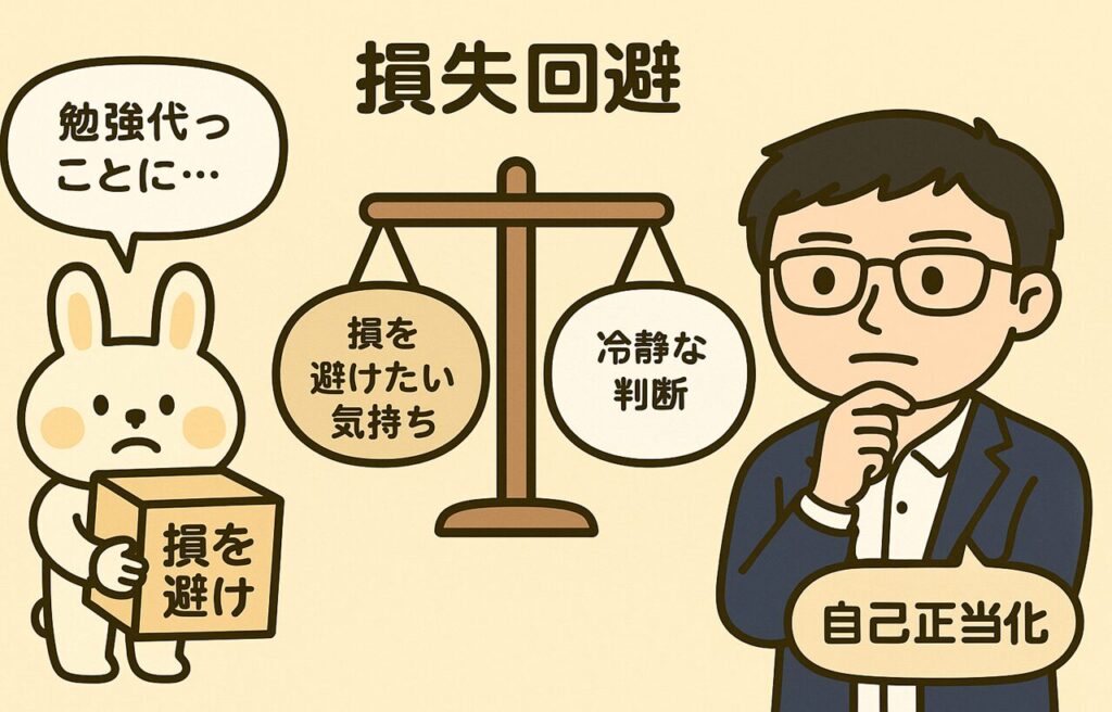 みどりんが「勉強代ってことにしよう…」と自己正当化しながら、重そうな「損を避けたい気持ち」の玉を天秤に乗せている。まなぶくんは「冷静な判断」の玉を反対側に乗せ、バランスが取れずに悩んでいる様子。天秤の上には「損失回避」と「自己正当化」の文字。