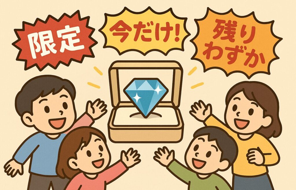 「限定」や「残りわずか」などのポップな表示に人々が惹きつけられている様子を描いたイラスト。宝石や人気商品を見つめるキャラクターたちが並び、希少性が価値を高める心理現象を表現している。